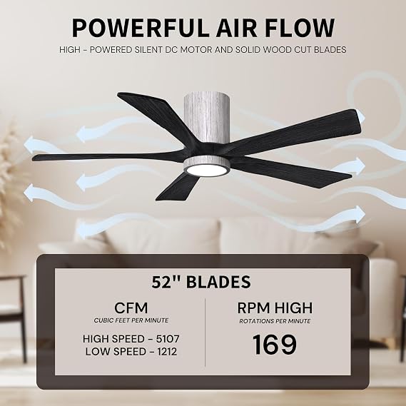 Matthews Fan Company IR5HLK-BW-BK-52 Irene Damp Rated 52 Flush Mount Ceiling Fan with Light and Remote & Wall Control, Silent DC Motor, 5 Solid Wood Blades, Barn Wood Tone with Matte Black
