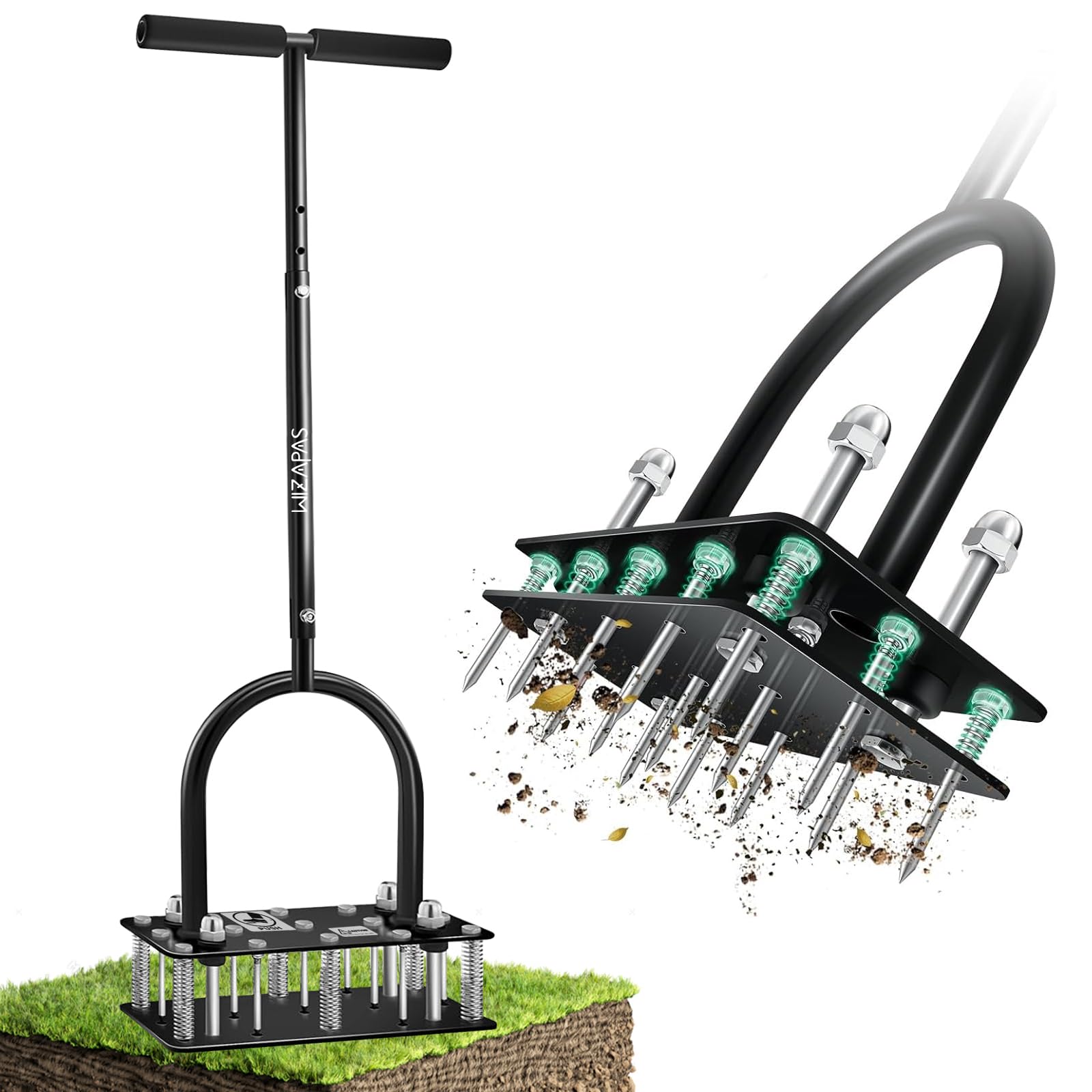 VIBINHO Aérateur Gazon, 15 Pointes en Fer Aérateurs de Gazon Manuels, Nettoyage Automatique des Feuilles et des Saletés, Réglabl