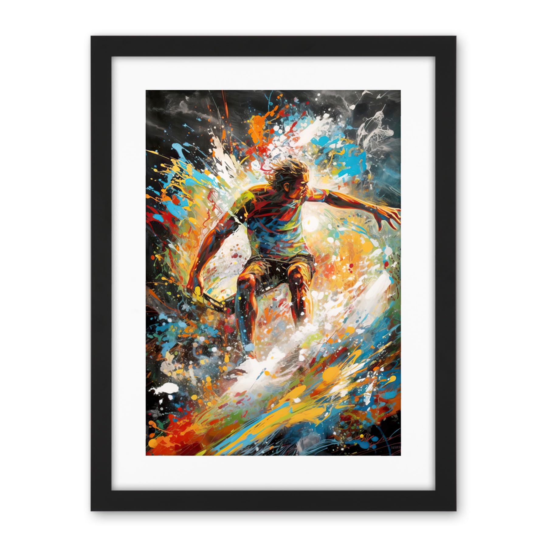 Artery8 Surfer Surfing on Crashing Waves Splatter Paint Artwork Framed Wall Art Print 18X24 Inch