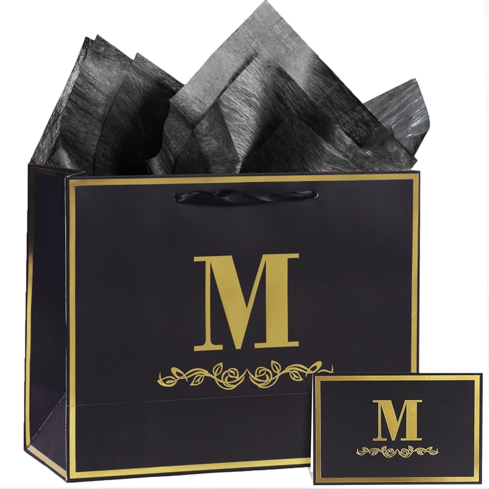momoake Alphabet Birthday Gift Bag with Card and Tissue Paper for Men Women, 13 Large Black Gold Personalized Bridal Party Gift Paper Bag for Gifts Wrapping - (Letter M)