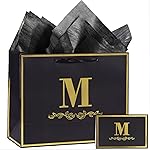 momoake Alphabet Birthday Gift Bag with Card and Tissue Paper for Men Women, 13 Large Black Gold Personalized Bridal Party Gift Paper Bag for Gifts Wrapping - (Letter M)