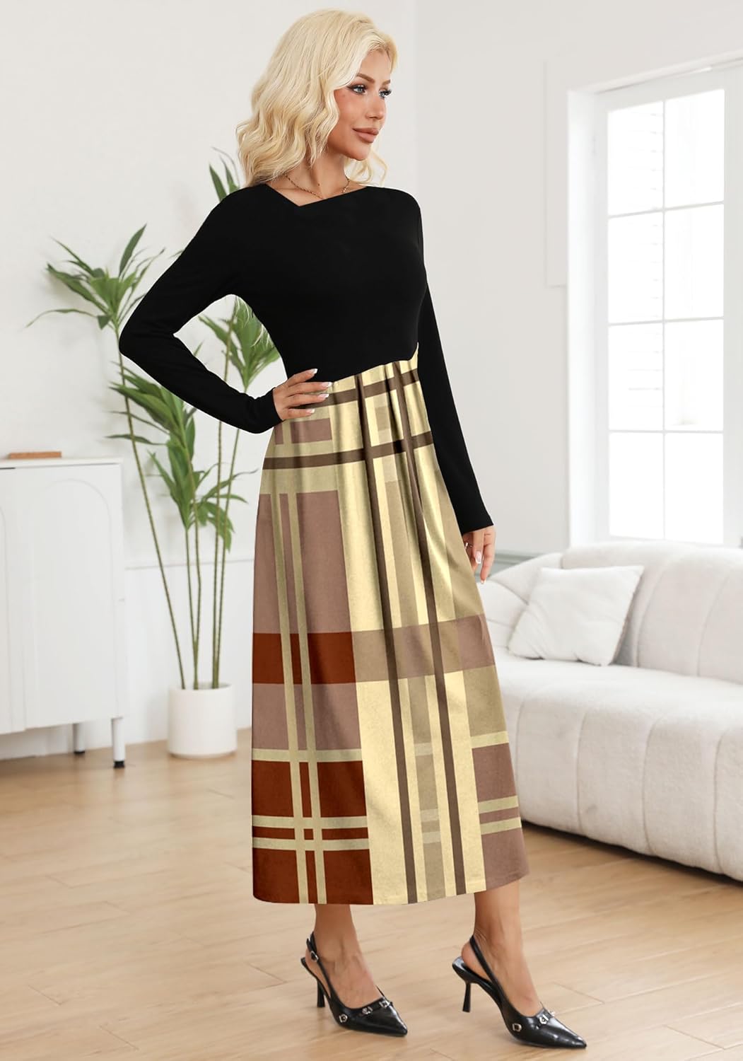 SAUKOLE Womens Maxi Dresses Casual Long Sleeve V Neck Empire Waist Dress Trendy Fall T Shirts Long Dress - Image 3