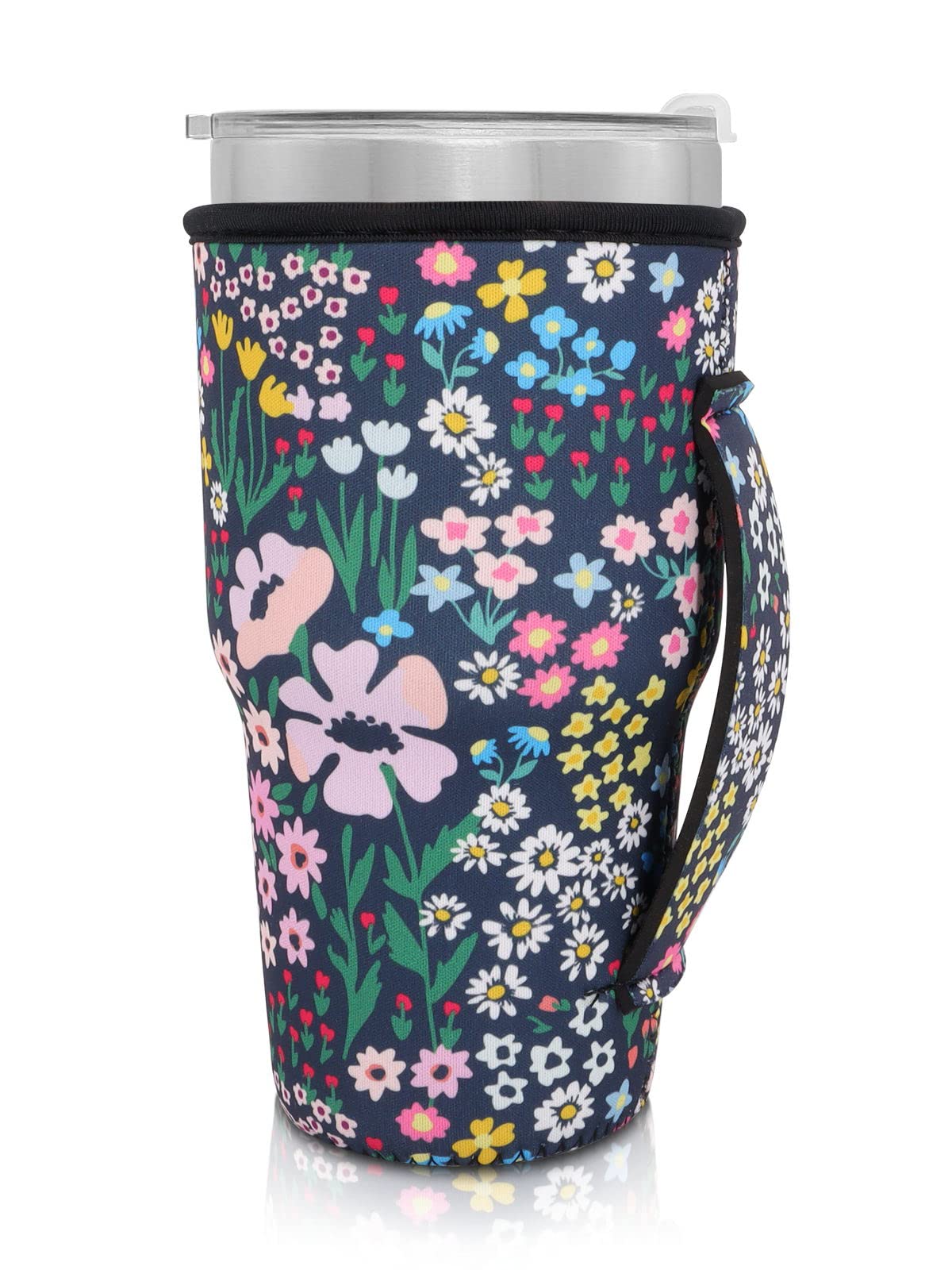 Reusable Iced Coffee Cup Sleeve Neoprene Insulated Sleeves Cup Holder with handle Idea for 30oz - 32oz Tumbler Cups, protein shake bottles(Only Cup Sleeves)(Daisy)