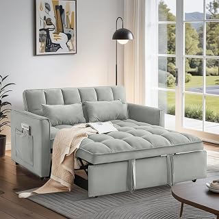 3-in-1 Convertible Sofa Bed Pull-Out Couch with Adjustable Backrest, Side Pockets & Velvet Upholstery - Light Gray Loveseat Sleeper
