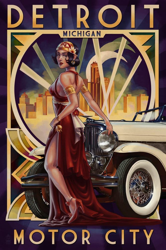 Detroit, Michigan, Deco Woman and Car (24x36 Giclee Gallery Art Print, Vivid Textured Wall Decor)