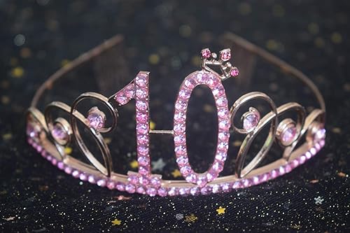 Miniatura 2 de Tiara de 10 cumpleaños rosa y cinta de regalo para fiesta de 10 cumpleaños con purpurina de satén y tiara de cristal, corona de princesa de