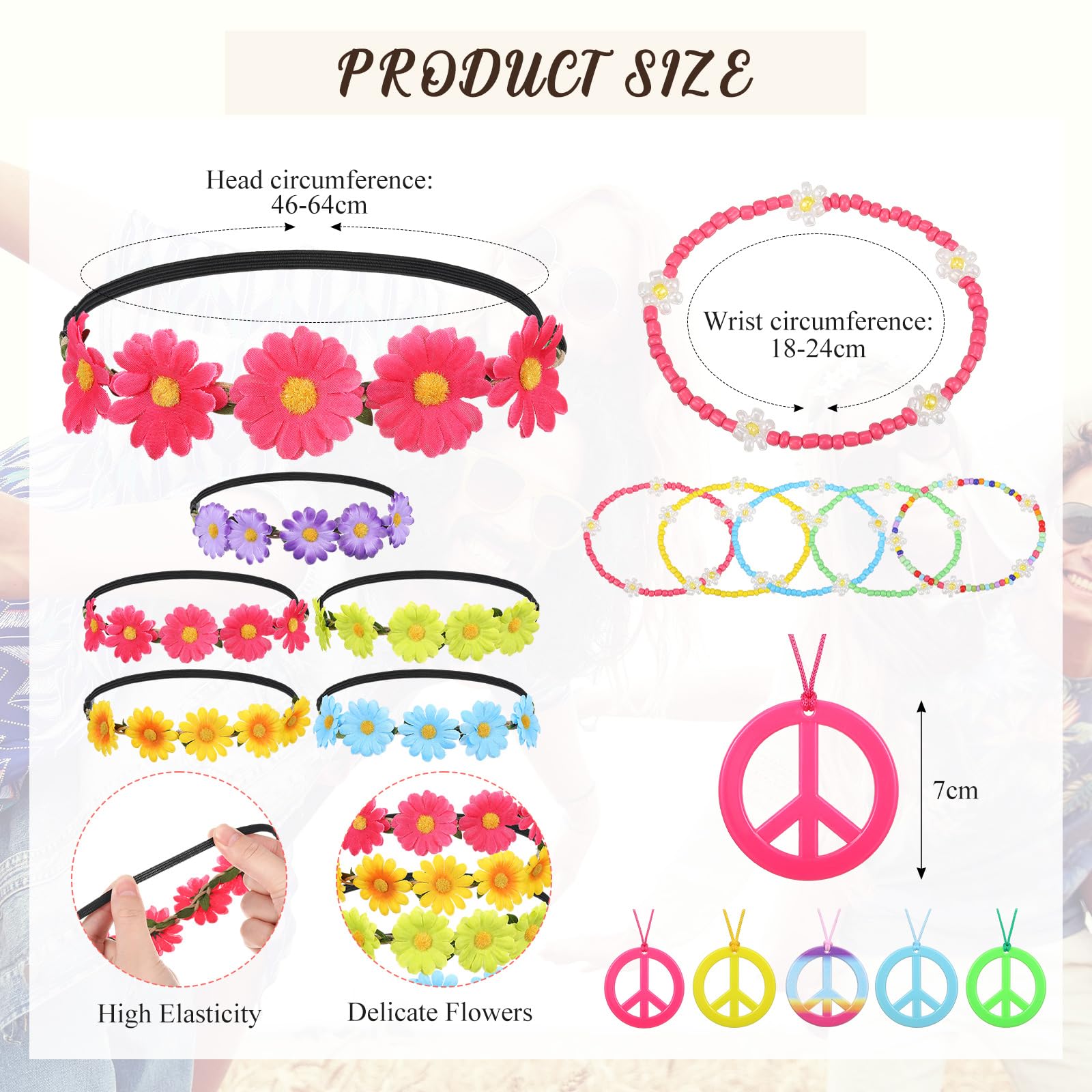 Xinnun 20 Pezzi Set di Accessori per Costume Hippie Anni '60 e '70 Fascia per Capelli con Corona di Fiori Occhiali da Sole Bracciale con Perline Collana con Segno di Pace per Disco Festa Retrò