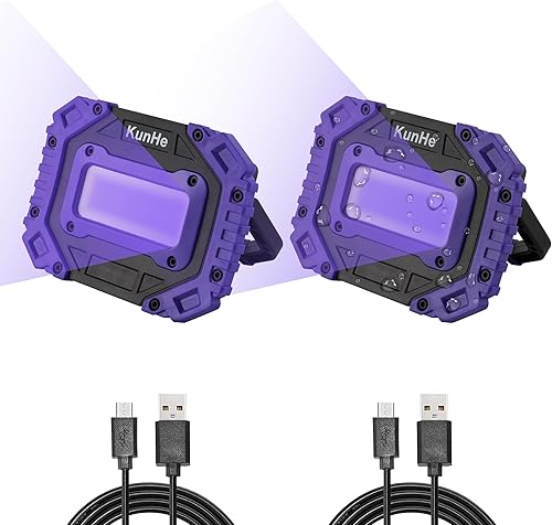 KunHe Paquete de 2 luces negras UV recargables portátiles alimentadas por batería, luz ultravioleta inalámbrica de 395 nm, lámpara de reflector