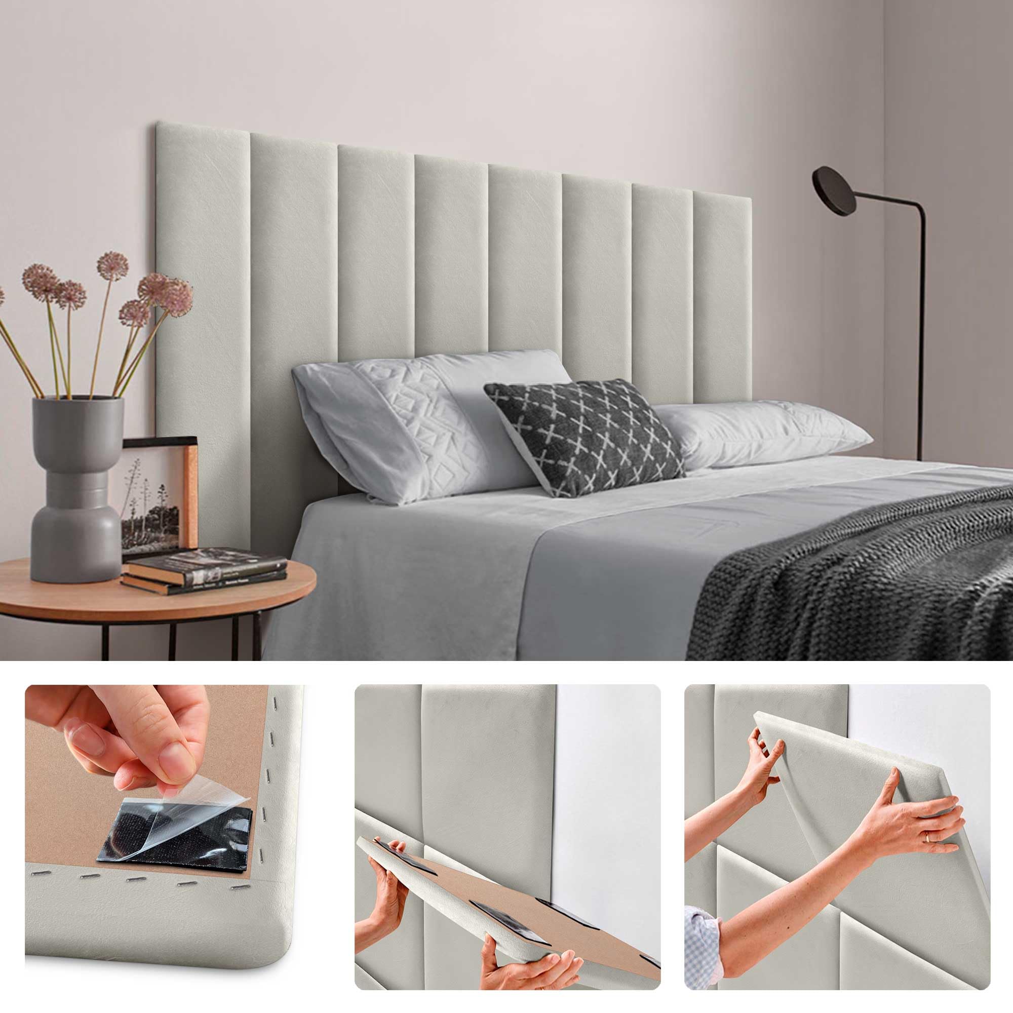 DHOME Set di 6 Pannelli Imbottiti in Velluto Autoadesivi per Parete Acustici Fonoassorbenti Protezione dagli Impatti Testiere Decorazione Casa Camera da Letto (Beige, 60x20cm, x6)