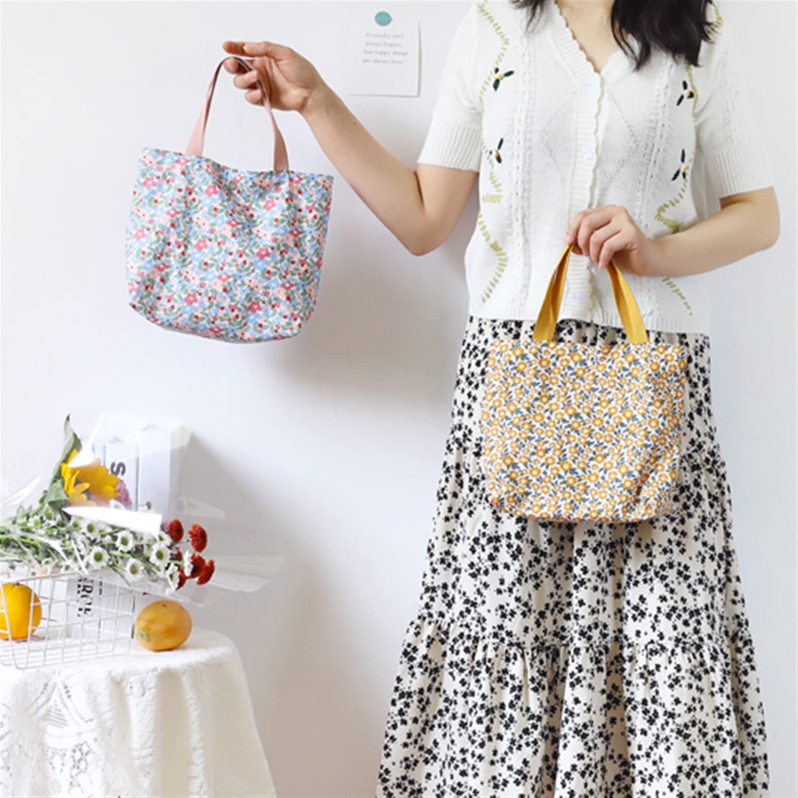Floral Bento Bag Mini Leinwand Einkaufstasche Bequeme Lunchbox Tragbare Lebensmittelbeutel Nette Picknick Reise Lebensmittel Aufbewahrungstasche Mittagessen Tragetaschen
