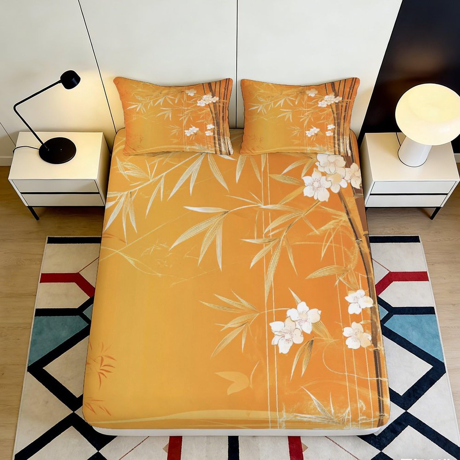 3D Printed Bamboo Floral Fitted Sheet Microfiber Non-Slip Deep Pocket Bedroom Bedding Bamboo Floral Mattress Fitted Cover Washable Wrap 120x200x25cm
