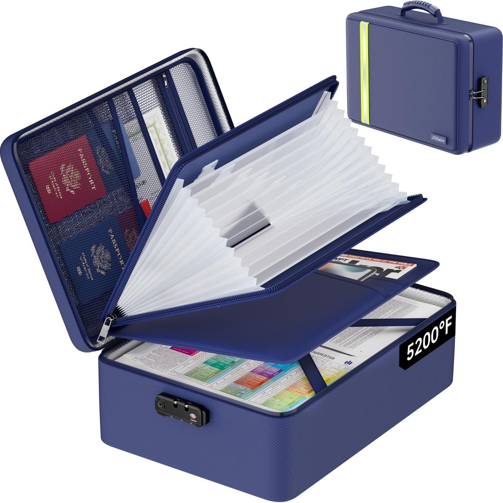 Fireproof Document Bag, Insulated Large Document Box with Lock, Important Document Organizer with Waterproof Zipper, Portable Soft Home Travel Office Safe Storage with 13 Accordion File Folder,Blue