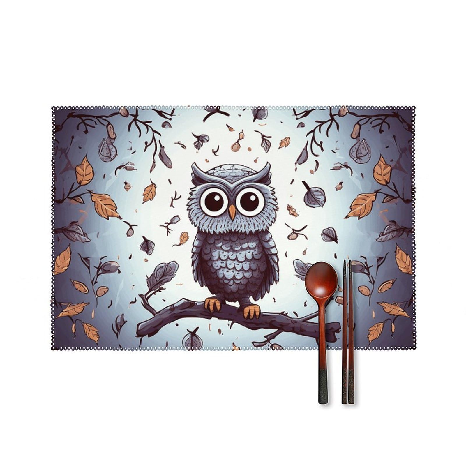 Owl Tree Branches Placemats Set of 6, 12x18 Inch Heat Resistant Washable Canvas Table Mats, Stain Resistant Decorative Dining Placemats for Kitchen, Restaurant, Outdoor Party