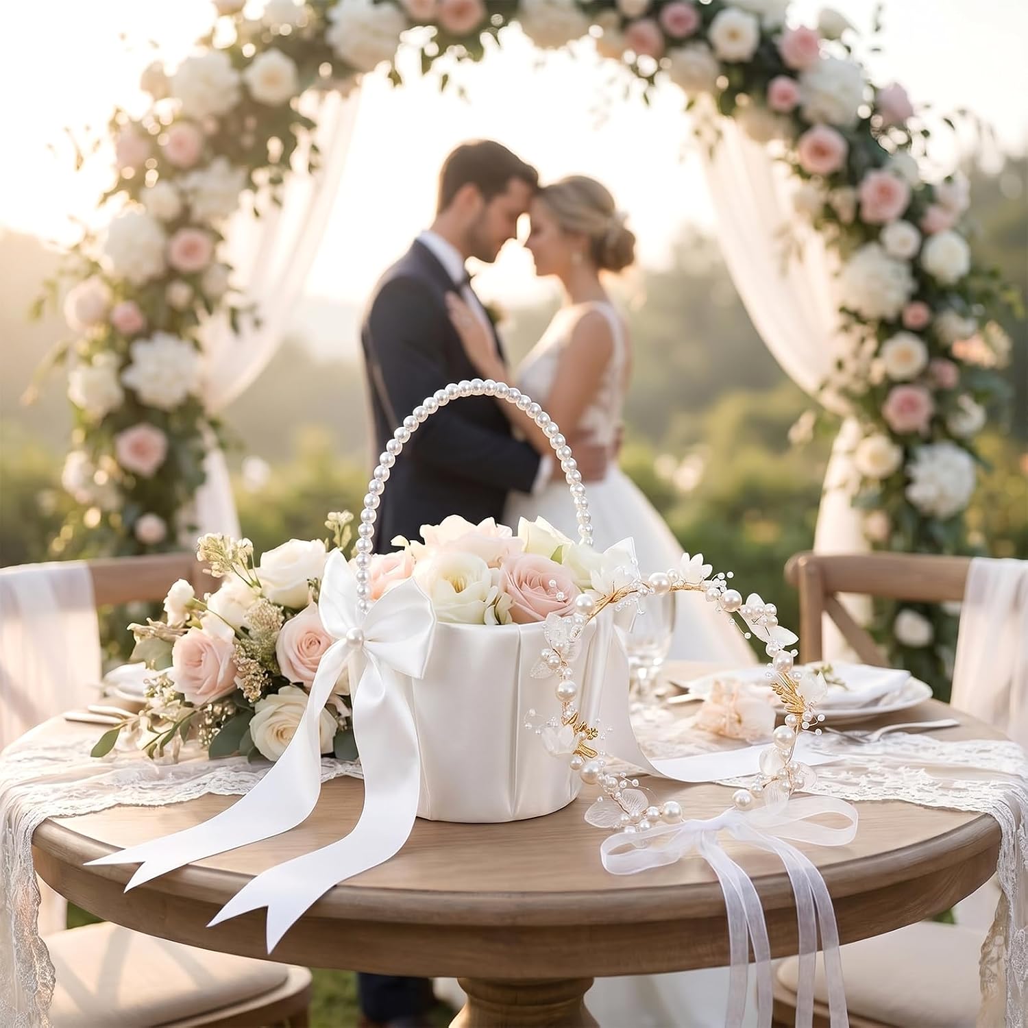 Set of 4 Wedding Flower Girl Basket with Headpiece | Ivory Flower Girl Basket with Pearl Handle & Ribbon Bow for Romantic Wedding Ceremony Decoration