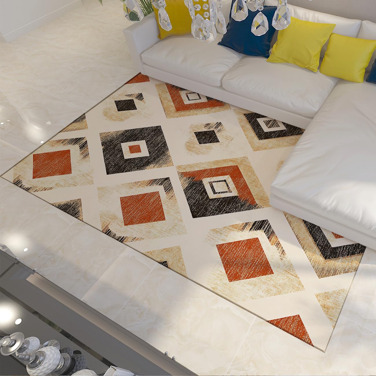 Tapis lavable et antidérapant à damier géométrique pour salon