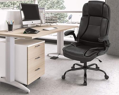 Miniatura 2 de Silla de oficina ergonómica de piel sintética, silla de computadora con soporte lumbar, reposabrazos abatible, silla ejecutiva giratoria con ruedas