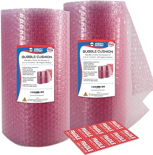 Mighty Gadget Pink Anti-Static Bubble Cushioning Wrap Rolls for Moving & Packaging with Perforated Line Every 12"(12" x72 Feet, 36’/Roll) + Free Fragile Labels
