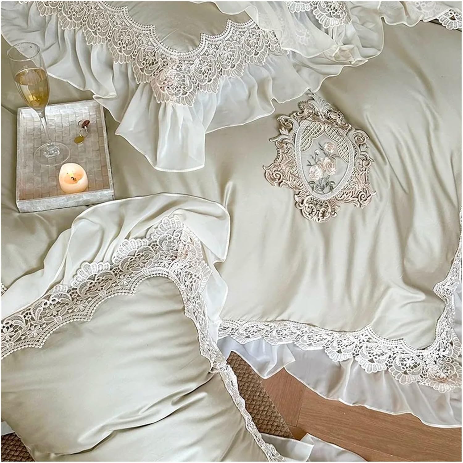Cotton 1000TC V-intage Bedding Set White Ruffle Duvet Cover Set Soft Sheet Twin Queen,Bed