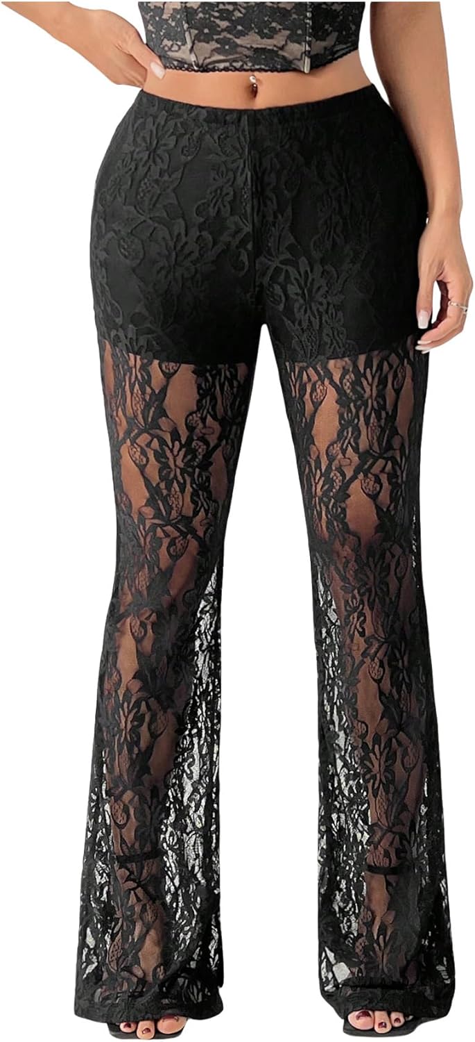 GORGLITTER Women's Floral Lace Bell Bottom Pants Sheer Mesh Flare Leg Sexy Y2K Skinny Leggings Trousers - Image 2