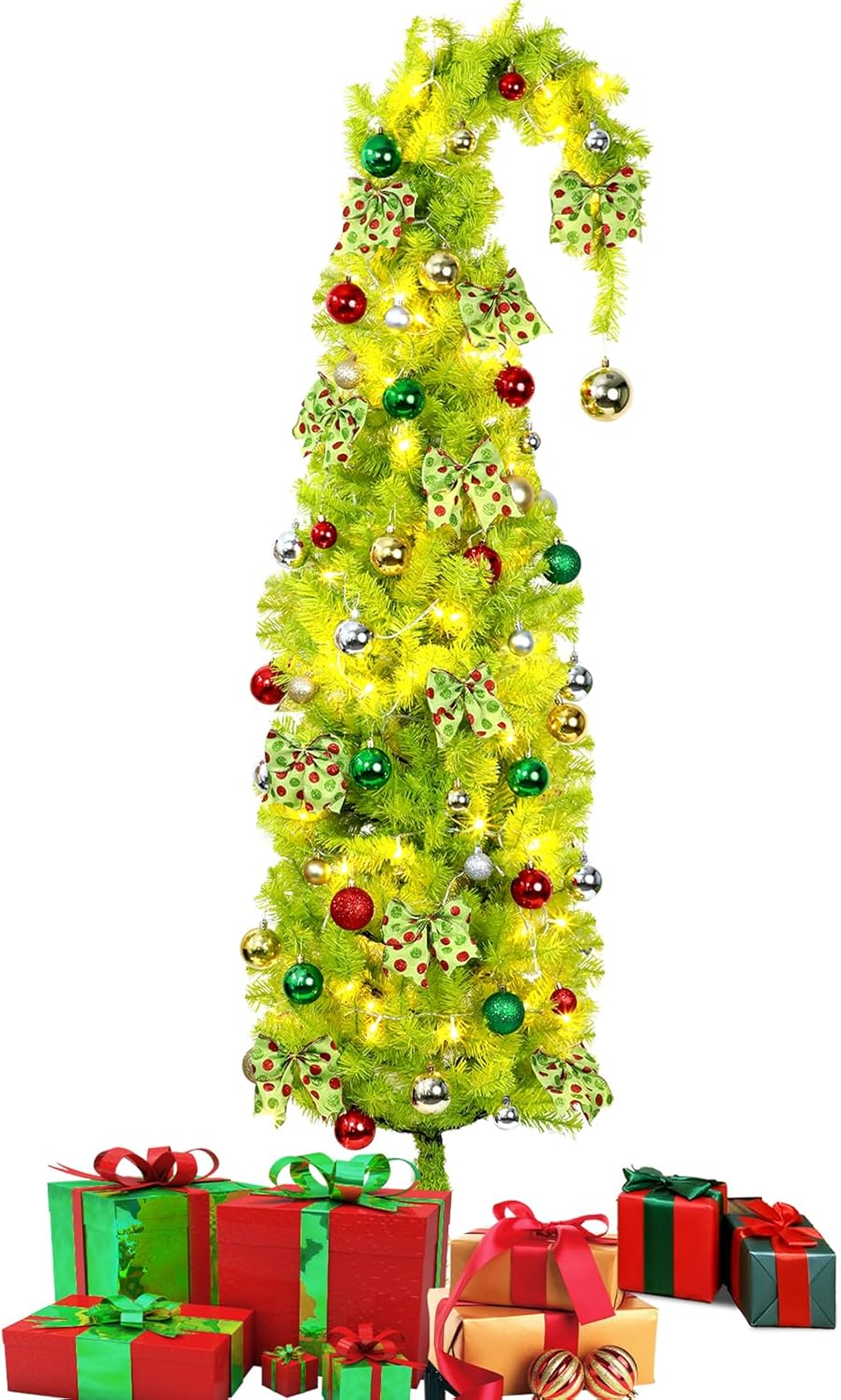 52pcs 7.5 Ft Artificial Lighted Christmas Tree with Stand Bendable Christmas Tree with String Lights Ball Bow Whimsical Plastic Prelit Xmas Trees Holiday Party Decoration for Room Home Office Decor