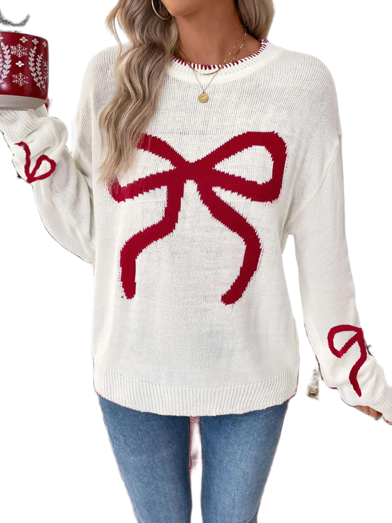 Women Christmas Knitted Sweaters Bow Print Crew Neck Long Sleeve Loose Knitted Pullover Y2k Cute Xmas Sweater