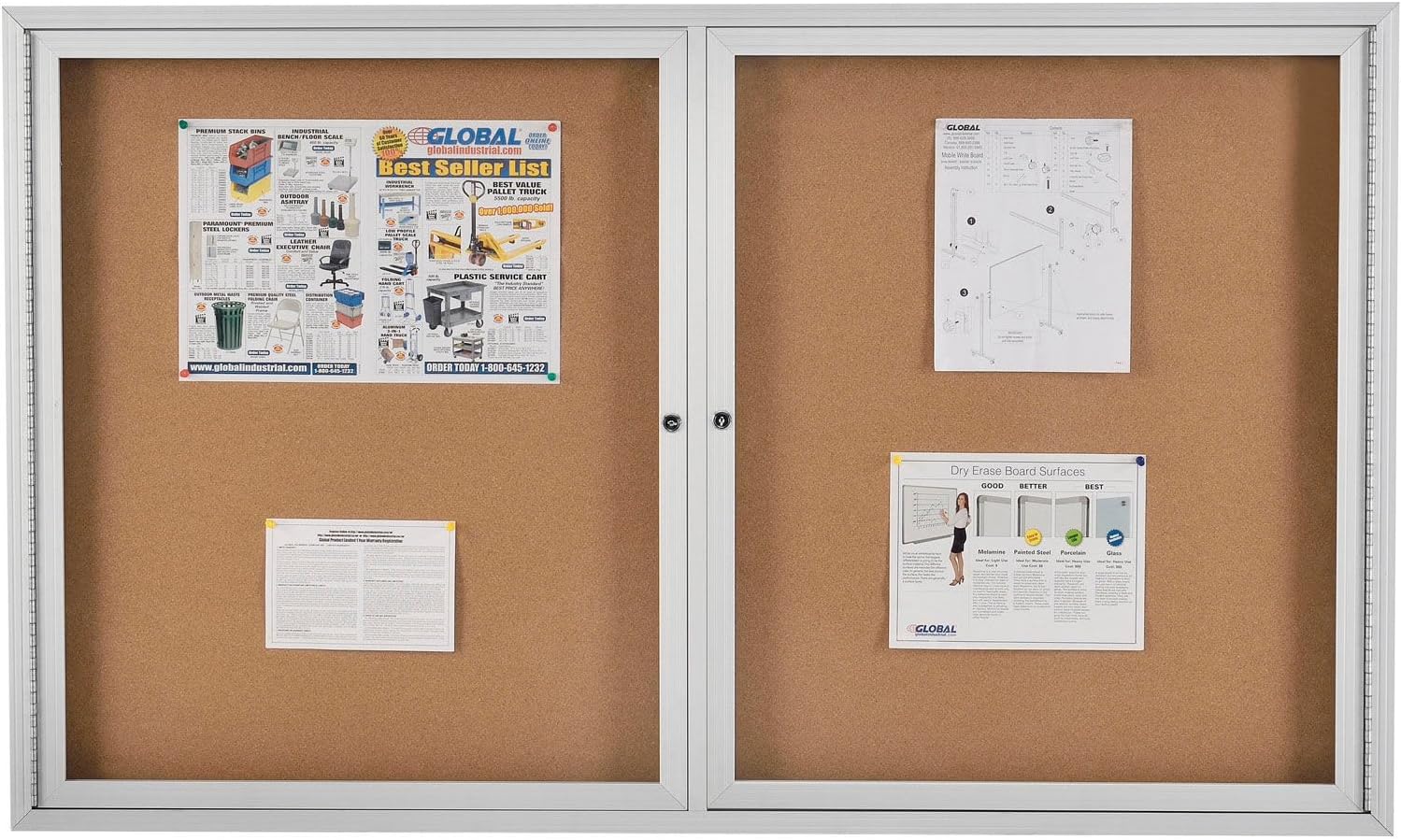 Global Industrial 2 Door Enclosed Bulletin Board, 60" W x 36" H, Self-Healing Cork, Lightweight Aluminum Frame, Shatter Resistant Acrylic Windows, Keyed Lock
