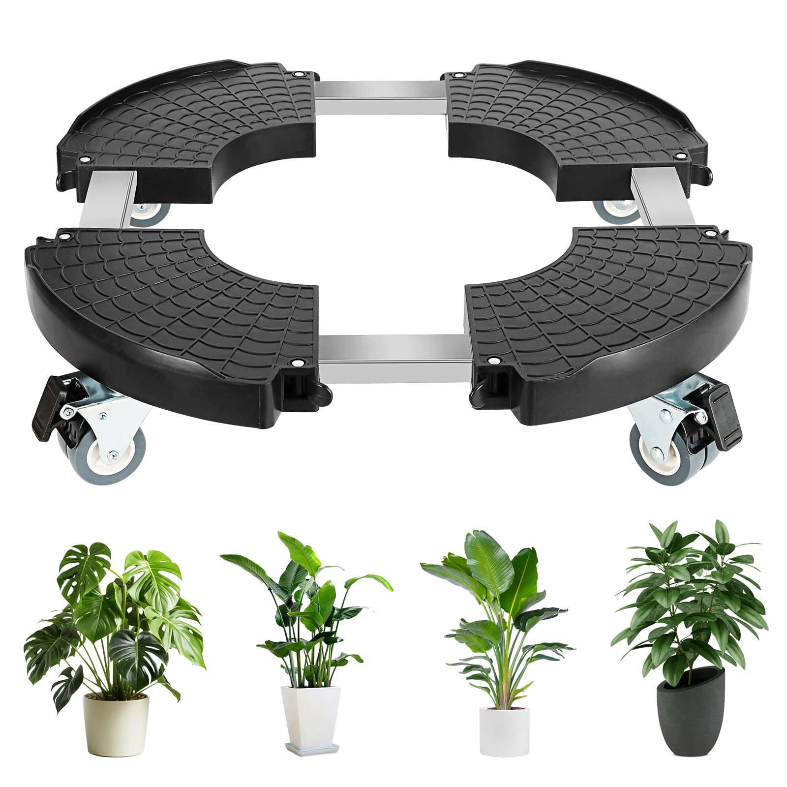 UCAMP Soporte para Macetas 40-48cm,Plataforma con Ruedas Ajustable con Ruedas Giratorias 360°,Capacidad Máxima de Carga 300KG,Rodillo para Plantas de Interior y Exterior,Negro