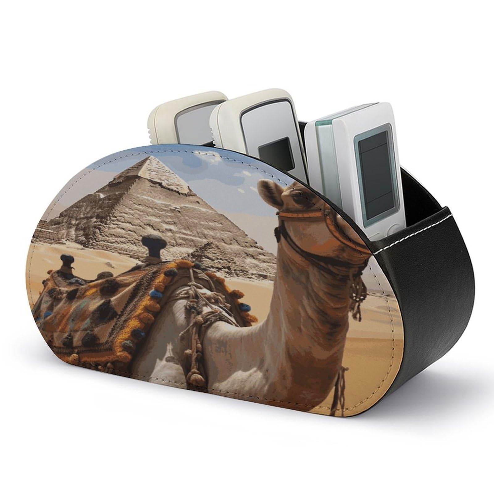 LDGSUPH Pyramid Camel Remote Control Holder with 5 Compartments PU Leather TV Remote Caddy Storage Box Multi-functional Desk Storage Organizer Box Anti-slip Desktop Caddy