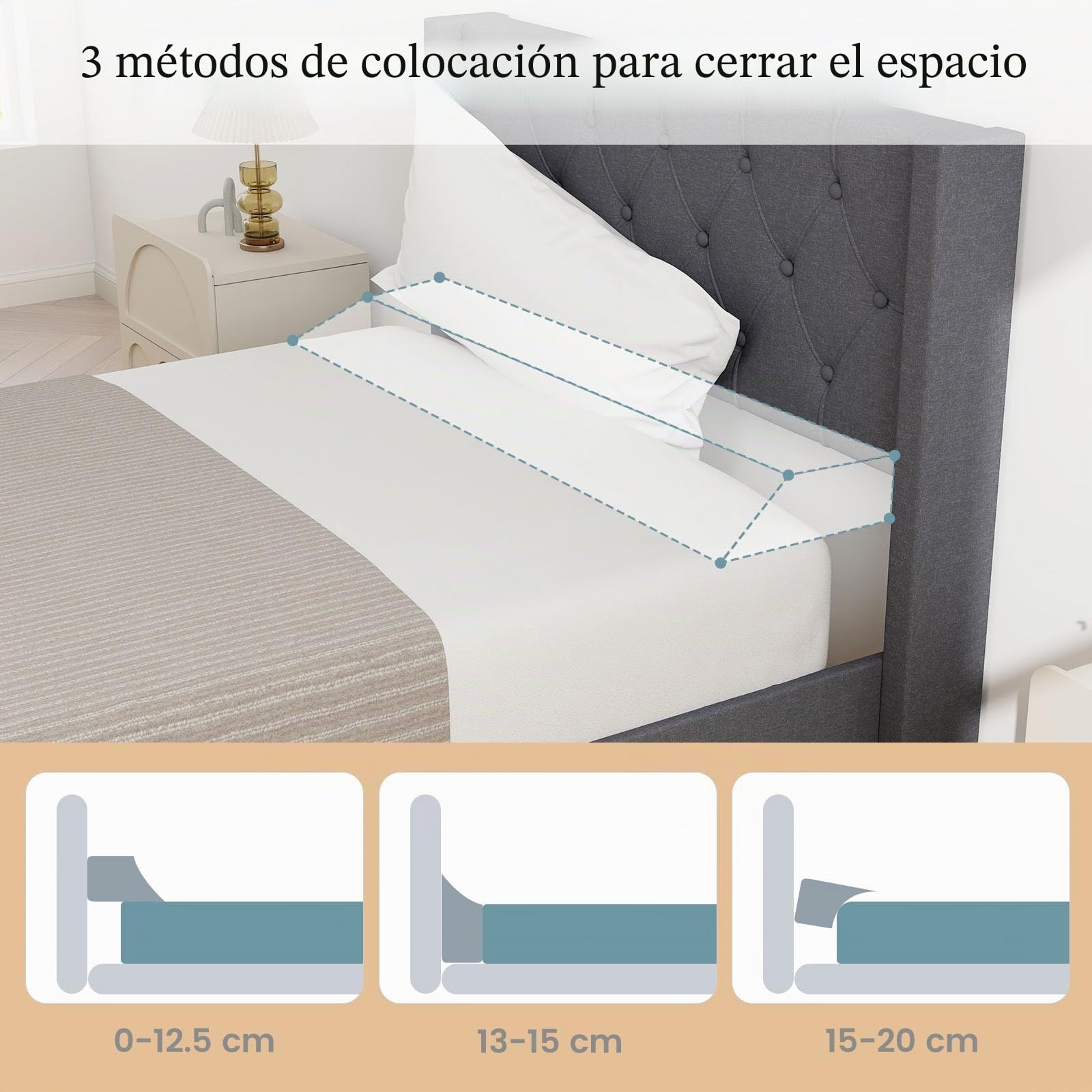 LIFEZEAL Almohada Trapezoidal para Rellenar el Espacio entre el Cabecero y el Colchón, Almohada de Lectura con Funda Lavable, Acolchada con Esponja, 2 Bolsillos Laterales, para Cama (137 x 25 x 13 cm)