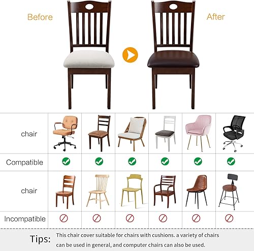 Vista 7 de YISUN Juego de 6 fundas para asiento para silla, de piel sintética, impermeables, para sillas de comedor, fundas elásticas para sillas de comedor
