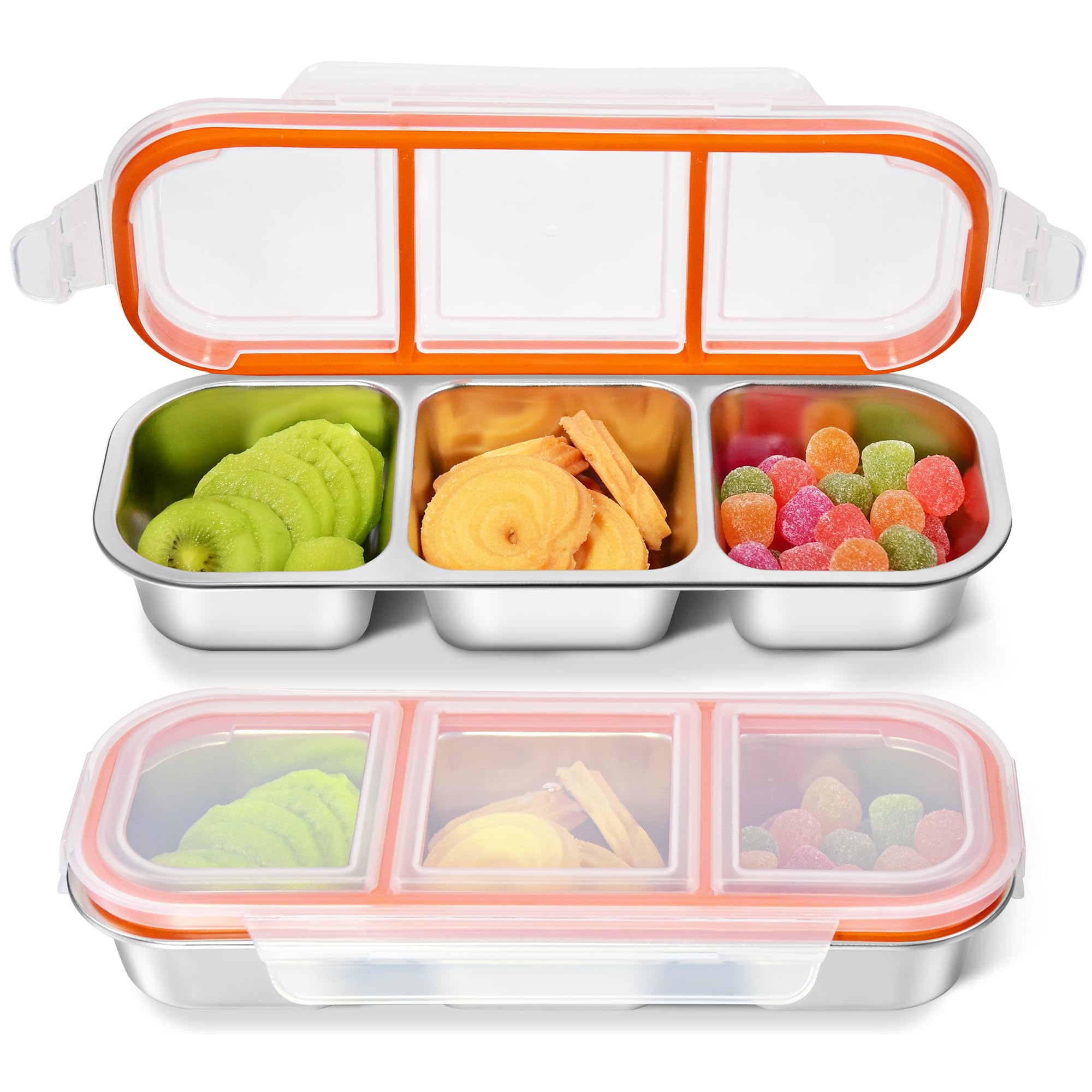 2Pack Stainless Steel Snackle Box Container, Reusable Metal Bento Box, Leak Proof 3 Compartment Divided Food Storage Containers for Travel Home Picnic Work-image-49