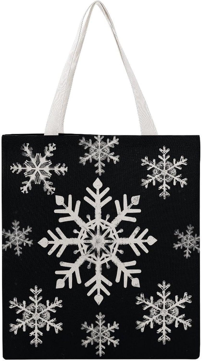 Canvas Tote Bag 16x15 In Lightweight Foldable Shoulder Hobo Purse | White Snowflake, Casual Tote with 10" Strap, Everyday Carryall, for Travel Work Grocery Shopping Beach Mark Gym Yoga