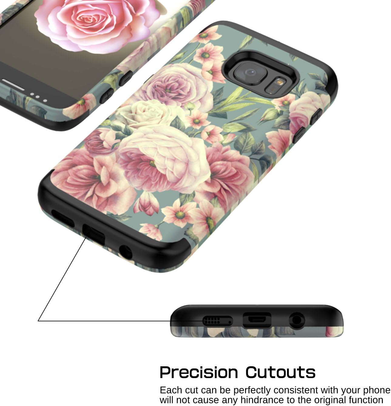Galaxy S7 Case,OBBCase Samsung Galaxy S7 Cute Floral Case,Three Layer Heavy Duty Silicone + Plastic Hybrid High Impact Resistant Protective Cover Case for Samsung Galaxy S7,Flower Black