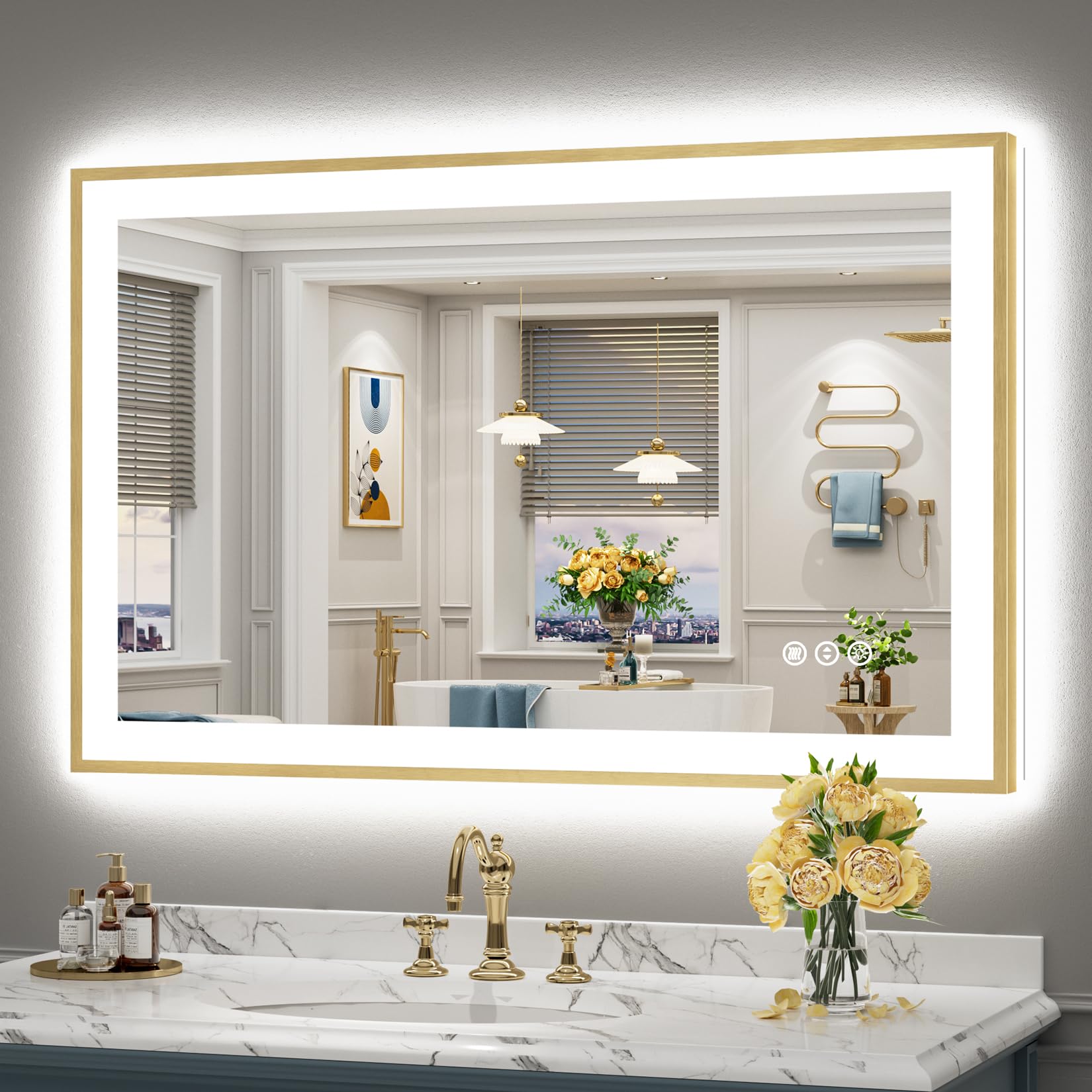 48x30 Gold LED Bathroom Mirror with Lights, Lighted Vanity Mirror