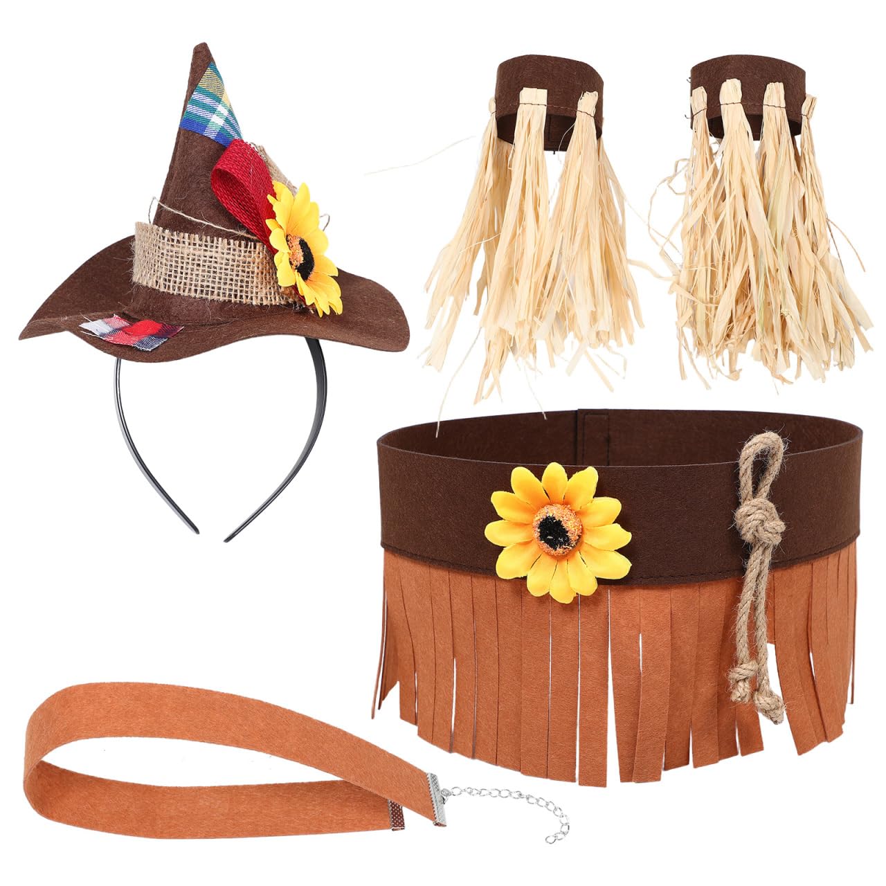 ibasenice 4Pcs Scarecrow Costume Accessories Set with Headband Hat, Felt Straw Collar, Wristbands and Skirt for Halloween Party, Harvest Festival Dress Up for Adults and Kids, Assorted Color