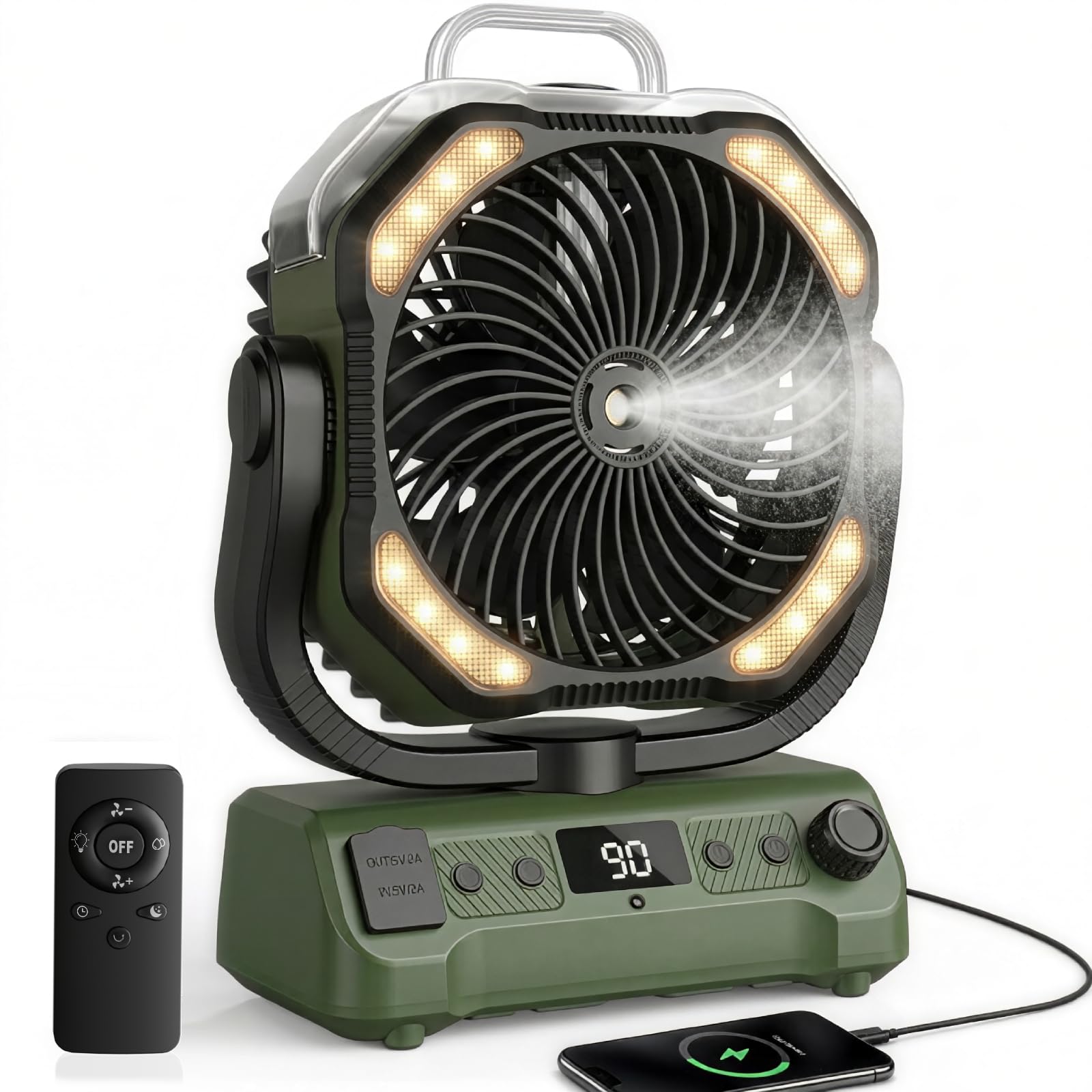 20000mAh Camping Ventilator Akku mit Licht, 0-100 Stufen Regelbar Outdoor Ventilator mit Sprühfunktion & Fernbedienung, Leise Tischventilator mit Timer 360° Haken für Zelt Angel