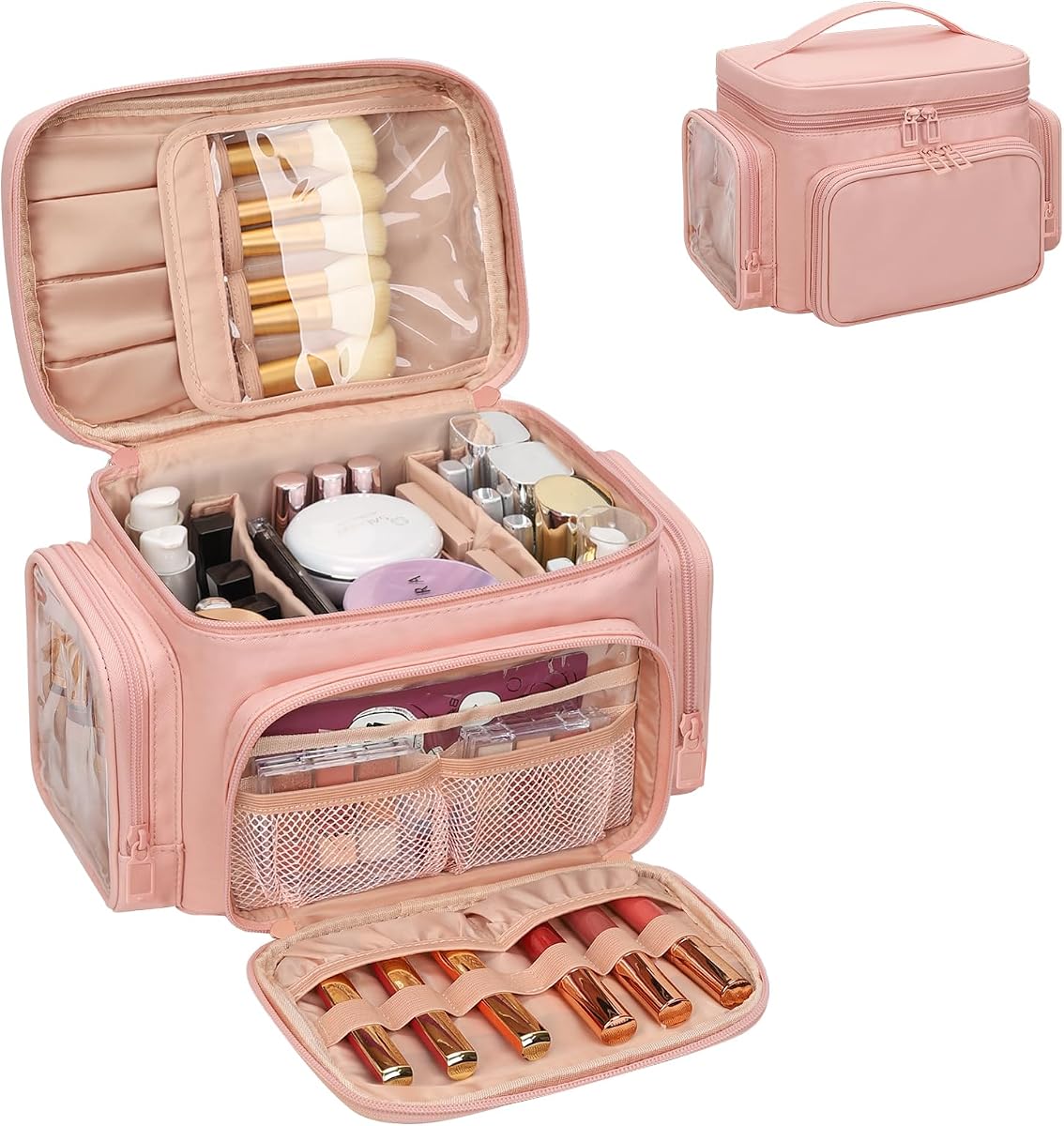 Bagmoly Large Makeup Bag, Portable Travel Makeup Bag Organizer for Women Girls with Makeup Brush Compartment & Two Side Pockets, Cosmetic Travel Bag Vertical Storage Toiletry - Pink