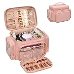Large Makeup Bag, Portable Travel Makeup Bag Organizer for Women Girls with Makeup Brush Compartment & Two Side Pockets, Cosmetic Travel Bag Vertical Storage Toiletry - Pink