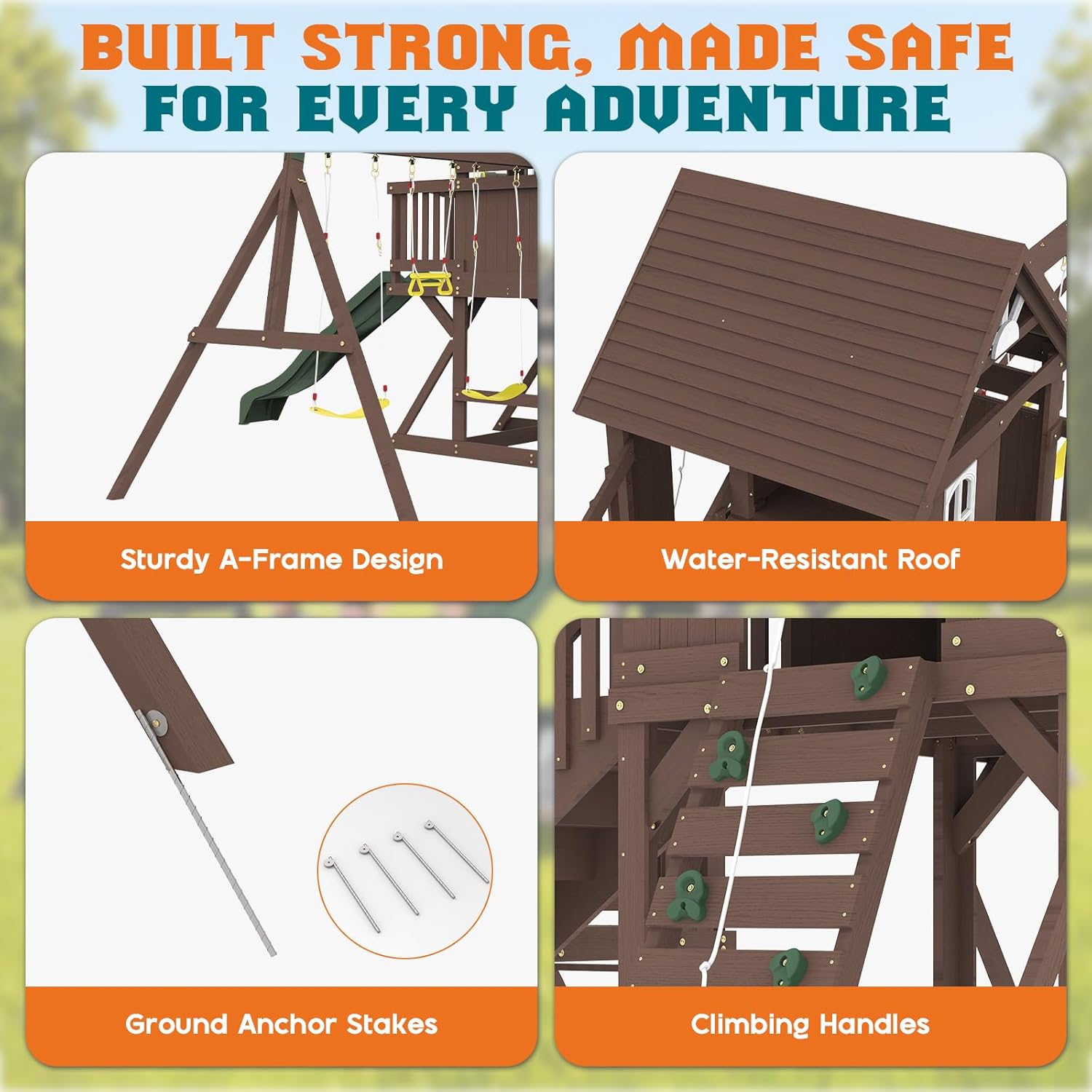 Albott Wooden Swing Set for Kids, Large Outdoor Wood 14-in-1 Playhouse with Double Towers, Wave Slides, Swings, Climbing Wall & Ladder, Backyard Playground for Ages 3–8, 170.5" D x 287.4" W x 117" H