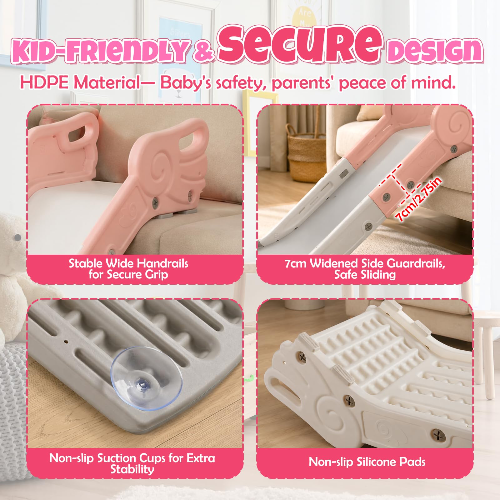 Tobogán infantil para sofá y cama, tobogán interior para niños y niñas a partir de 2 años (rosa claro)