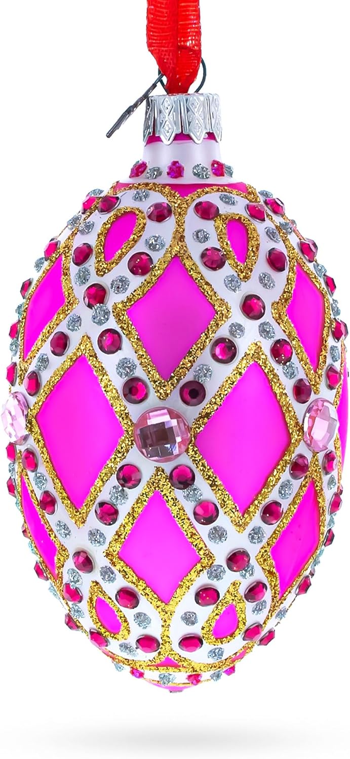 Bejeweled Trellis on Pink Glass Egg Christmas Ornament 4 Inches