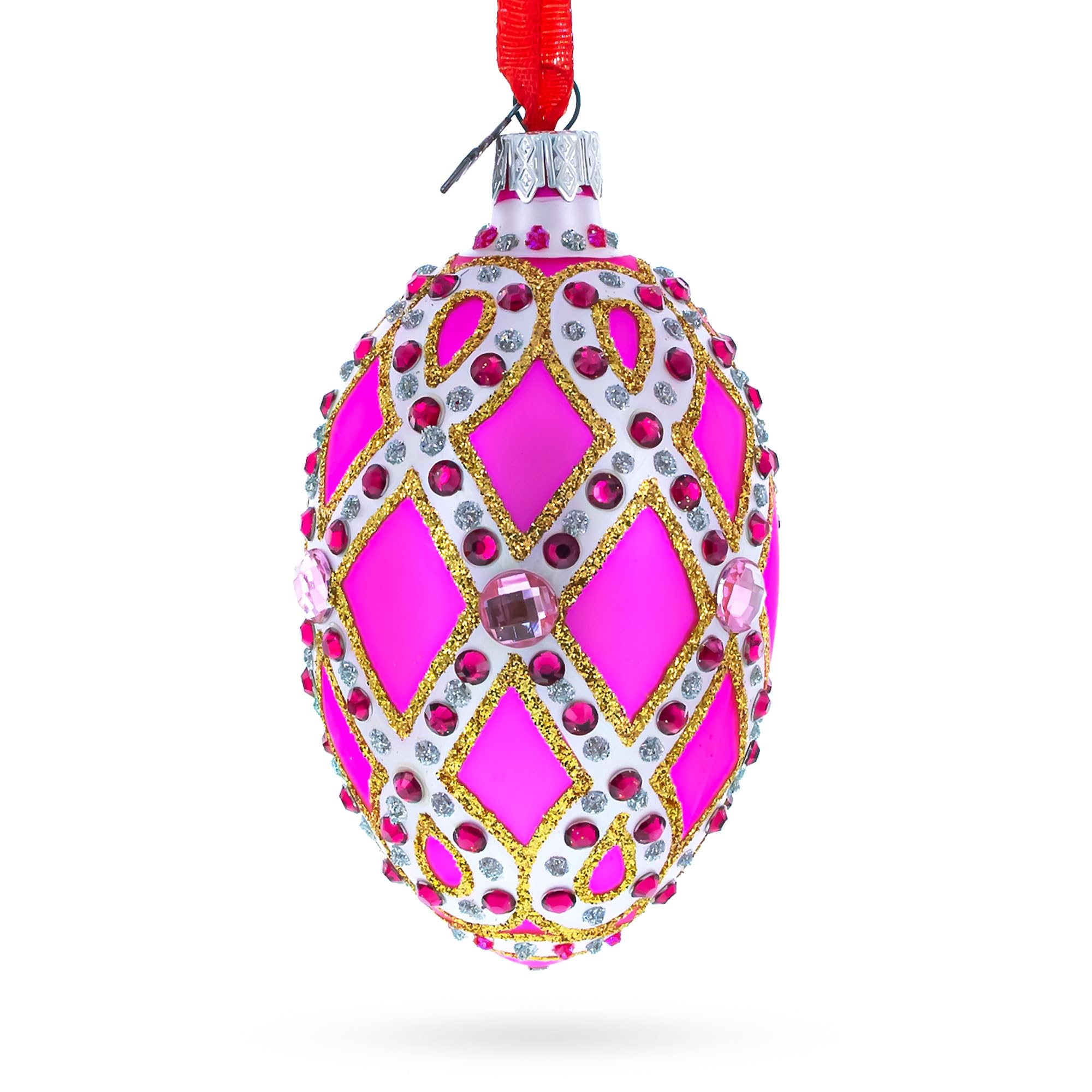 BestPysanky Bejeweled Trellis on Pink Glass Egg Christmas Ornament 4 Inches