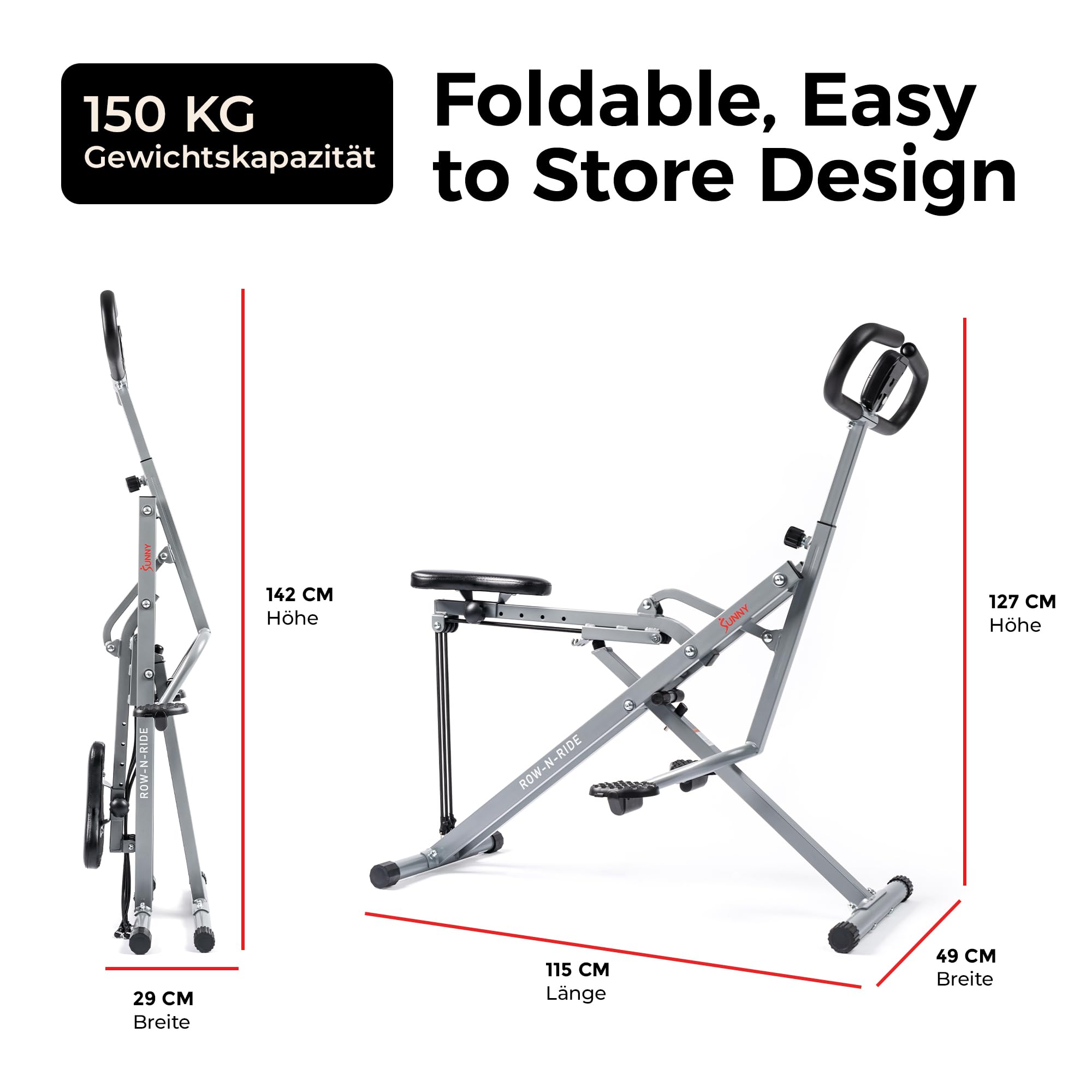 Sunny Health & Fitness Row-N-Ride Squat Assist Trainer, Faltbares und Trainingsgerät mit Verstellbarem Widerstand, Heimtrainer für Arm, Gesäß, und Beintraining, in Verschiedenen Farben Erhältlich
