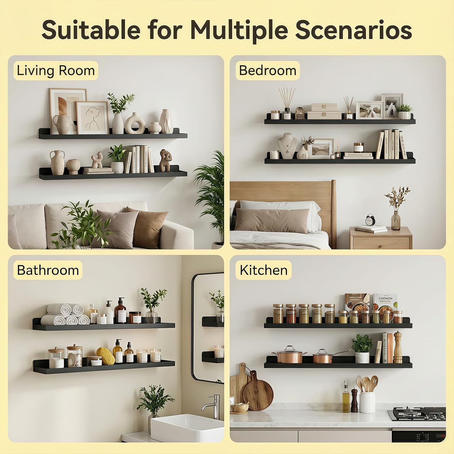 Floating Shelves Wall Mounted, 36 Inch Picture Ledge Shelves with Lip, Heavy Duty Wall Shelf, Metal Large Storage Shelf for Living Room, Bedroom, Bathroom, Kitchen Decoration (2 Pack)