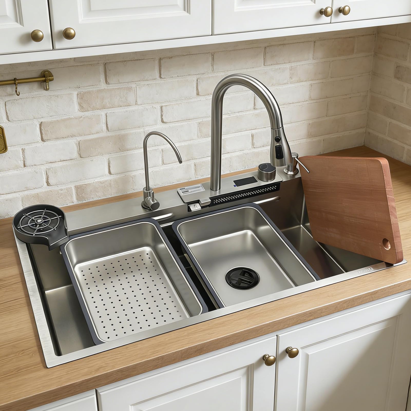 Fregadero en Cascada 1 Seno Grande 80x50cm Plata, Acero Inoxidable Cepillado, Multifuncional