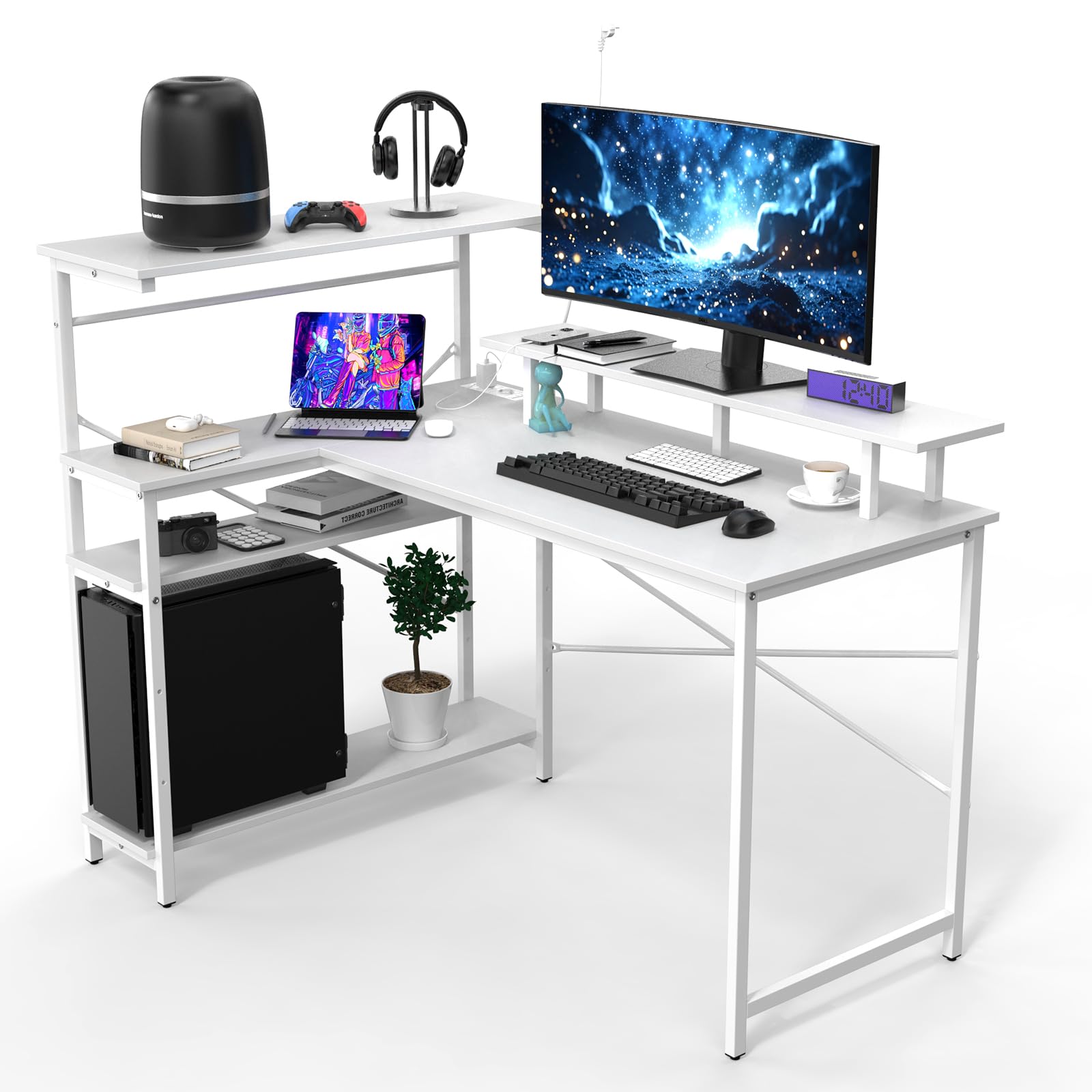 Mesa Gaming Blanca con Puerto de Carga USB y Toma de Corriente, Escritorio Esquinero Mesa de Ordenador con Estantes de Almacenamiento y Soporte Monitor para Hogar Oficina Estudio, 130×55x75 cm(blanco)