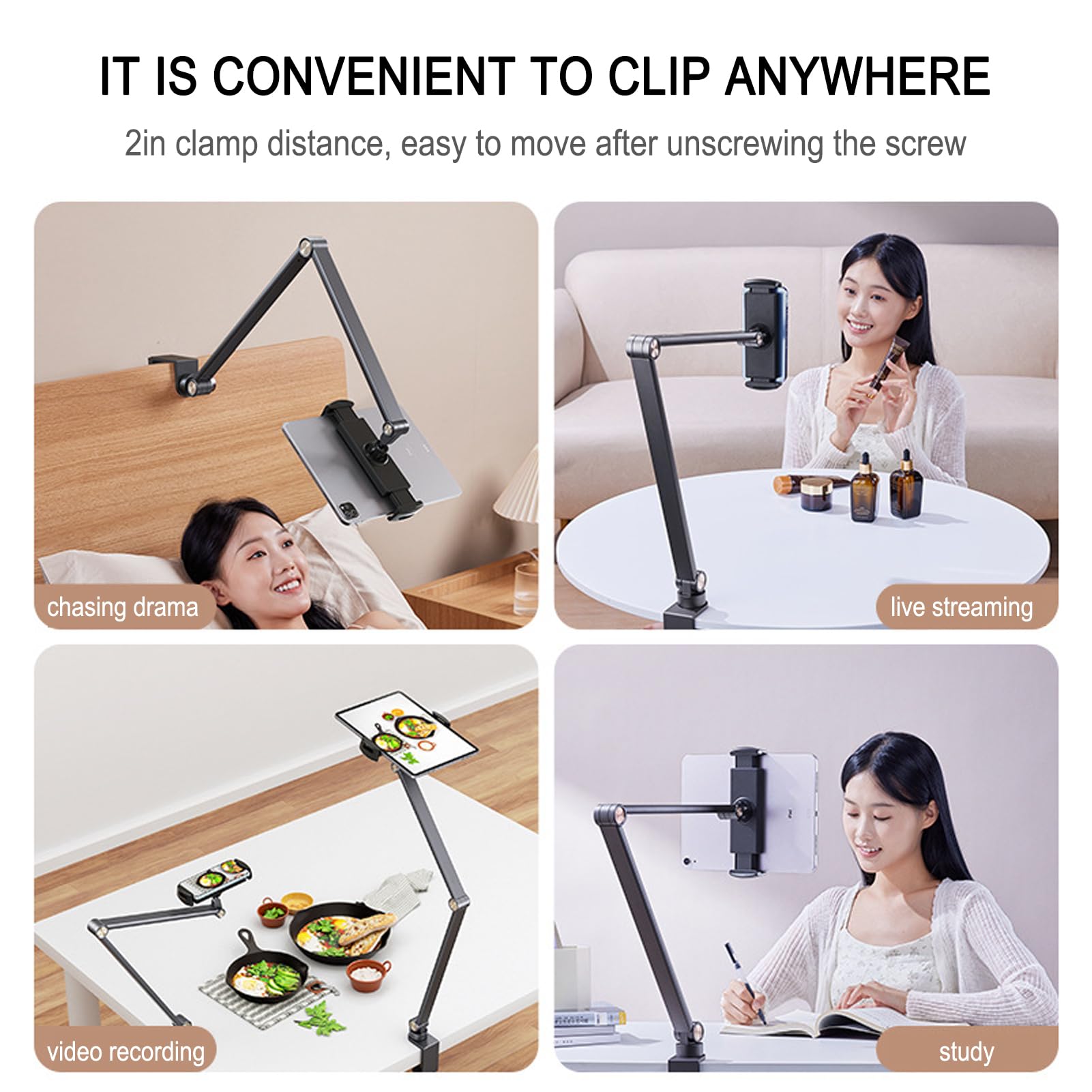 Buhelyc Soporte Tablet Cama, Flexible Soporte Movil Mesa con Brazo De Aluminio, Manos Libres, PortáTil, para Ver PelíCulas, para iPad U Otros Dispositivos De 4,7~12,9 Pulgadas, FáCil De Instalar