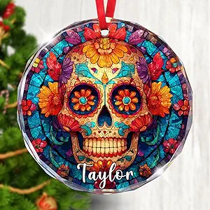 Personalized Sugar Skull Christmas Ornament - Glass Mexican Christmas Ornaments for Tree Decorations - Custom Sugar Skull Gifts for Women Men - Mexican Holiday Decor for Women - Gift Exchange