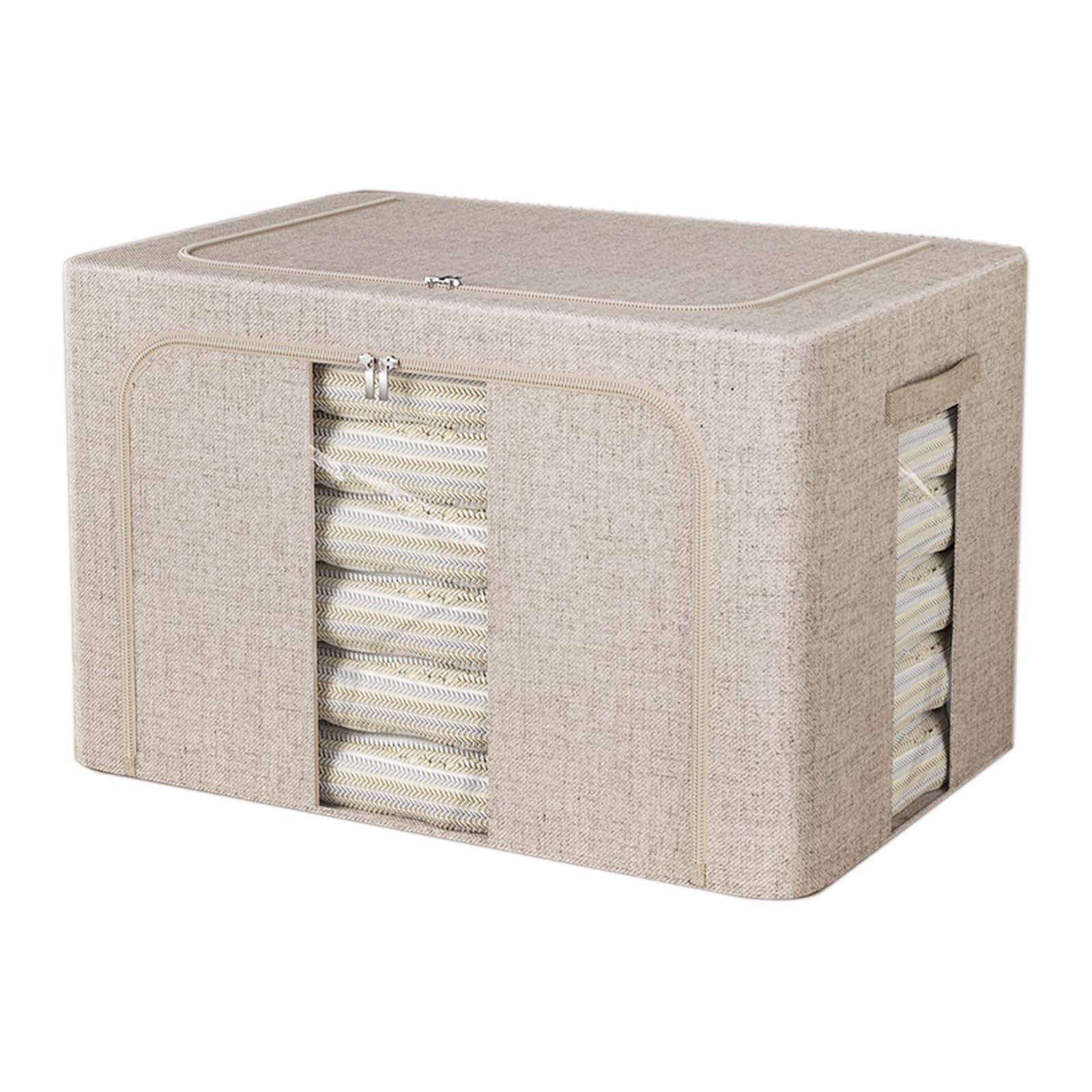 FYTXSZ Clothes Storage Boxes 66L with Metal Frame, Foldable Fabric Storage Bins with Lid and Clear Window, Stackable Organizer Box with Zipper and Handles for Closet, Bedroom (Oatmeal, 66L-1Pack)