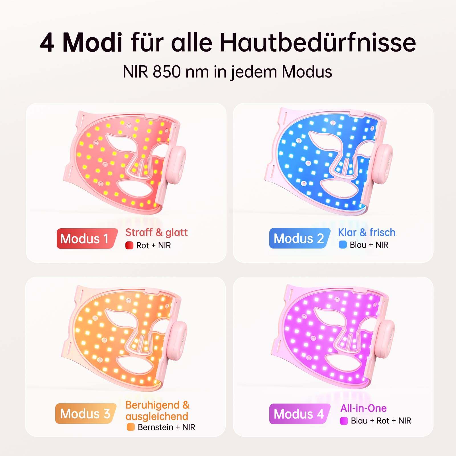 LED Maske Gesicht, Kabellos Lichttherapie Gesichtsmaske, 4 Modi | Anti-Aging, Hautklärung, Entzündungshemmend, Beruhigend, rote/blau LED, Aufladbar Rotlichtlampe Gesicht, Schönheitsgeschenke